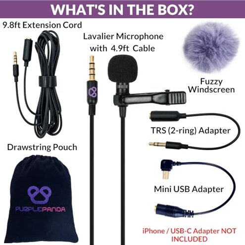 Purple Panda Lavalier Microphone Kit – Clip-On Lapel Mic for Motovlog, Creators & Vlogging – GoPro, DJI & Insta360 Action Cameras, iPhone, Android, iPad, DSLR, Zoom/Tascam, PS5 – Omnidirectional