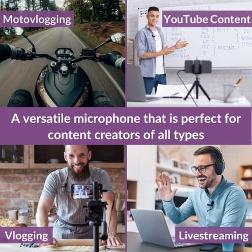 Purple Panda Lavalier Microphone Kit – Clip-On Lapel Mic for Motovlog, Creators & Vlogging – GoPro, DJI & Insta360 Action Cameras, iPhone, Android, iPad, DSLR, Zoom/Tascam, PS5 – Omnidirectional