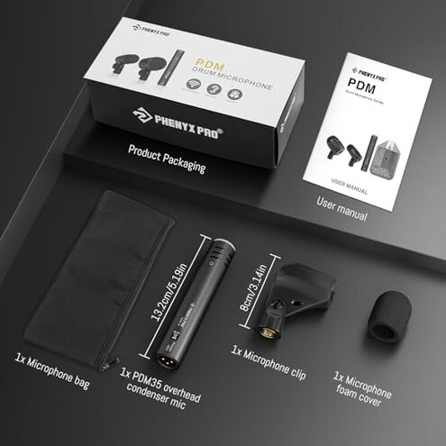 Phenyx Pro PDM35 Overhead Condenser Microphone, Cardioid Microphone with Wide Frequency Response Range, XLR Connector, Pencil Stick Condenser Mic for Hi-Hat, Percussions, and String Instruments