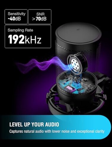 FIFINE Gaming USB Microphone for PC PS5, Condenser Mic with Quick Mute, RGB Indicator, Tripod Stand, Pop Filter, Shock Mount, Gain Control for Streaming Discord Twitch Podcasts Videos- AmpliGame