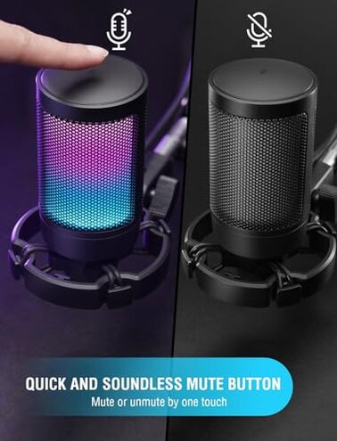 FIFINE Gaming USB Microphone for PC PS5, Condenser Mic with Quick Mute, RGB Indicator, Tripod Stand, Pop Filter, Shock Mount, Gain Control for Streaming Discord Twitch Podcasts Videos- AmpliGame