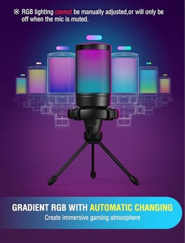 FIFINE Gaming USB Microphone for PC PS5, Condenser Mic with Quick Mute, RGB Indicator, Tripod Stand, Pop Filter, Shock Mount, Gain Control for Streaming Discord Twitch Podcasts Videos- AmpliGame