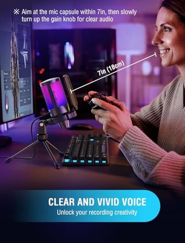 FIFINE Gaming USB Microphone for PC PS5, Condenser Mic with Quick Mute, RGB Indicator, Tripod Stand, Pop Filter, Shock Mount, Gain Control for Streaming Discord Twitch Podcasts Videos- AmpliGame