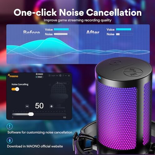 MAONO USB Gaming Microphone for PC, Noise Cancellation Condenser Mic with RGB Lights, Mute, Gain for Streaming, Recording, Podcast, Chat, Twitch, YouTube, Discord, Computer, PS5, PS4, GamerWave