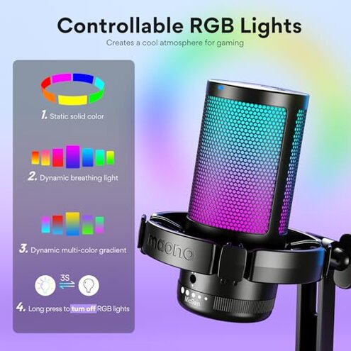 MAONO USB Gaming Microphone for PC, Noise Cancellation Condenser Mic with RGB Lights, Mute, Gain for Streaming, Recording, Podcast, Chat, Twitch, YouTube, Discord, Computer, PS5, PS4, GamerWave