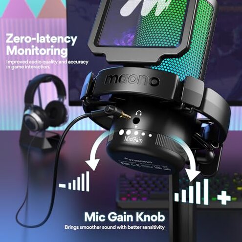 MAONO USB Gaming Microphone for PC, Noise Cancellation Condenser Mic with RGB Lights, Mute, Gain for Streaming, Recording, Podcast, Chat, Twitch, YouTube, Discord, Computer, PS5, PS4, GamerWave