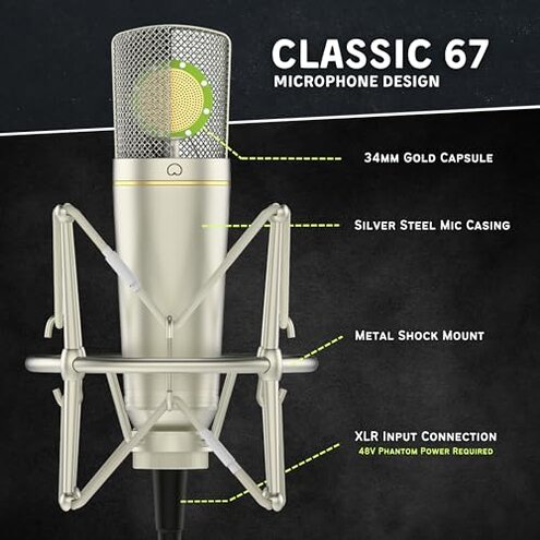 MA-67 Studio Condenser Microphone, 34mm Gold Large Diaphragm Capsule, Including Hydro Pop Filter, Metal Shock Mount, XLR Cable and Mic Bag - for Music Production, Vocal Recording and Podcasting