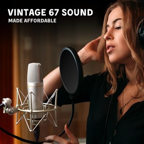 MA-67 Studio Condenser Microphone, 34mm Gold Large Diaphragm Capsule, Including Hydro Pop Filter, Metal Shock Mount, XLR Cable and Mic Bag - for Music Production, Vocal Recording and Podcasting