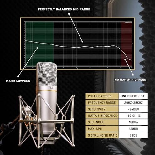 MA-67 Studio Condenser Microphone, 34mm Gold Large Diaphragm Capsule, Including Hydro Pop Filter, Metal Shock Mount, XLR Cable and Mic Bag - for Music Production, Vocal Recording and Podcasting