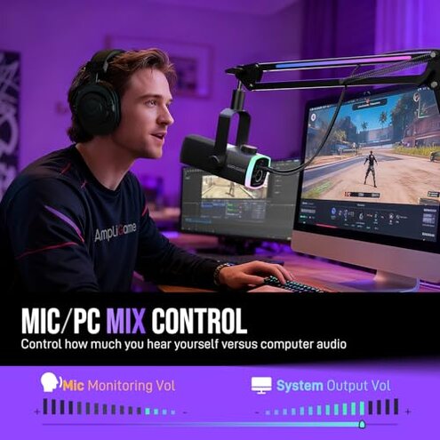 FIFINE Gaming Microphone Kit, XLR/USB Dynamic PC Microphone with Boom Arm for Podcast Recording, RGB Streaming Mic Set, Tap-to-Mute, Mix Control, Headphone Jack-AmpliGame AM8PROT