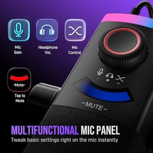 FIFINE Gaming Microphone Kit, XLR/USB Dynamic PC Microphone with Boom Arm for Podcast Recording, RGB Streaming Mic Set, Tap-to-Mute, Mix Control, Headphone Jack-AmpliGame AM8PROT