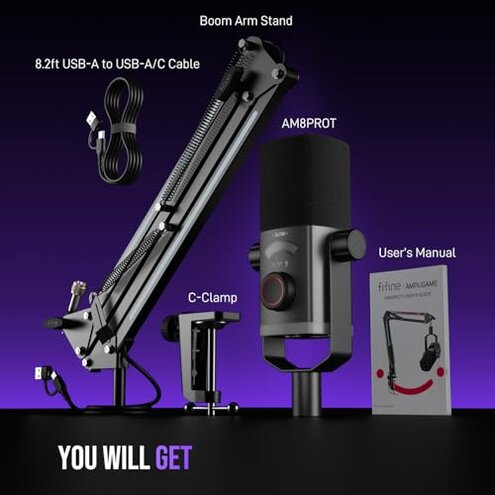 FIFINE Gaming Microphone Kit, XLR/USB Dynamic PC Microphone with Boom Arm for Podcast Recording, RGB Streaming Mic Set, Tap-to-Mute, Mix Control, Headphone Jack-AmpliGame AM8PROT