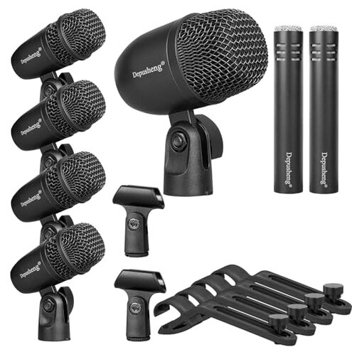 Depusheng 7-Piece Drum Microphone Set with 5 Dynamic Percussion Microphones and 2 Condenser Percussion Microphones Ideal for Instrument Recording and Music Production