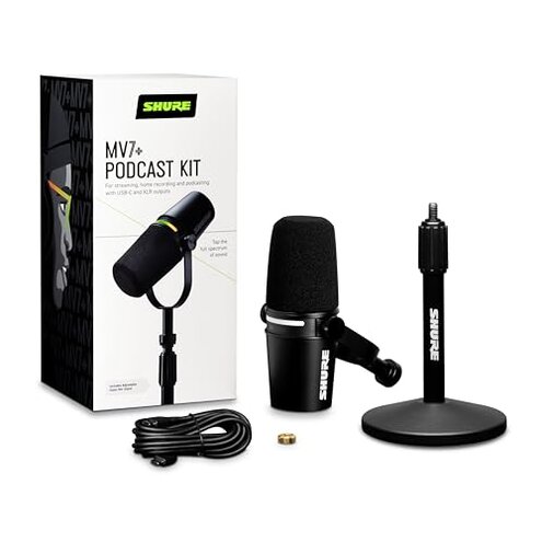Shure MV7+ Podcast Dynamic Microphone with Low Profile Mic Stand. OBS Certified, Enhanced Audio, LED Touch Panel, USB-C & XLR Outputs, Auto Level Mode, Digital Pop Filter, Reverb -Black