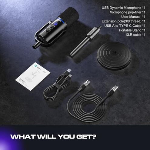 MAONO XLR/USB Dynamic Microphone Kit, RGB Podcast Mic with Software, Mute, Gain Knob, Volume Control, Boom Arm for Streaming, Gaming, Voice-Over, Recording-PD200XS Black