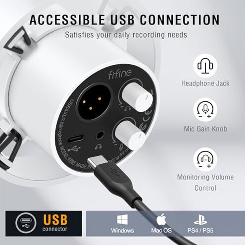 FIFINE Studio XLR Dynamic Microphone, USB PC Podcast Microphone for Streaming Recording, XLR/USB Vocal Mic with Tap-to-Mute, Gain Knob, Headphones Monitoring-Amplitank K688 White