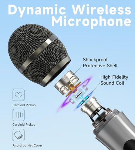 Wireless Microphones, Wireless Microphone with One-to-One Chip Connection, 40H Duration, 200 FT Distance Receiving, Semi-Metallic tube Microphone for Singing, Video Recording, YouTube, Home Party