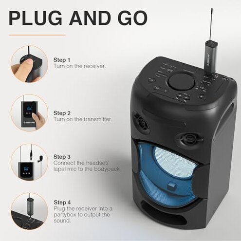 Phenyx Pro Single Digital Wireless Microphone System, w/Mini Receiver, Bodypack Transmitter,15 Channels in 900MHz UHF Band, Headset/Lapel Microphone for Karaoke, Singer, Church, Wedding (PDP-1-1B)