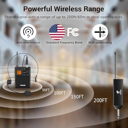 TONOR UHF Wireless Microphone System with Headset Mic/Lavalier Lapel Mic, Bodypack Transmitter, Rechargeable Receiver, 15 Channels 200ft Range 1/4" Output for Recording Live Performance PA Speaker