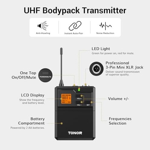 TONOR UHF Wireless Microphone System with Headset Mic/Lavalier Lapel Mic, Bodypack Transmitter, Rechargeable Receiver, 15 Channels 200ft Range 1/4" Output for Recording Live Performance PA Speaker