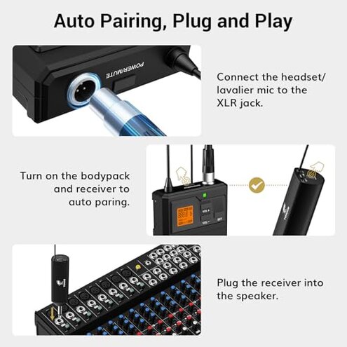 TONOR UHF Wireless Microphone System with Headset Mic/Lavalier Lapel Mic, Bodypack Transmitter, Rechargeable Receiver, 15 Channels 200ft Range 1/4" Output for Recording Live Performance PA Speaker