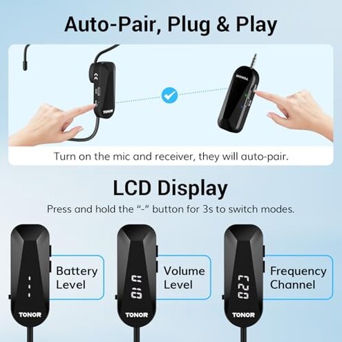 TONOR Wireless Headset Microphone, UHF Microphone Headset System, Head Handheld Mic 2 in 1, Ear Mic with 20 Channels, 65ft Range for Fitness, Teaching, Tour Guide, Voice Amplifier, Speaker, Pa