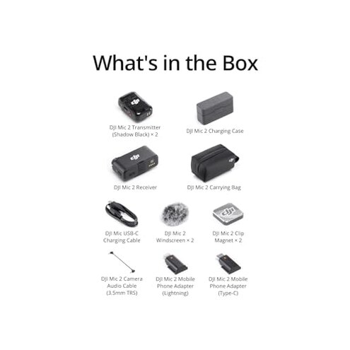 DJI Mic 2 (2 TX + 1 RX + Charging Case), Wireless Lavalier Microphone, Intelligent Noise Cancelling, 32-bit Float Internal Recording, 820 ft.(250m) Range, Microphone for iPhone, Android, Camera