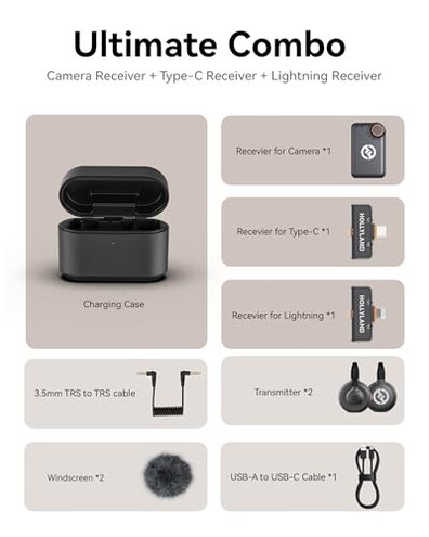 Hollyland Lark M2S Ultimate Combo (Camera RX+USB-C RX+Lightning RX) Wireless Lavalier Microphone for iPhone/Camera/Android/PC, Compact Mic, Titanium Clip, Noise Cancelling, Content Creation