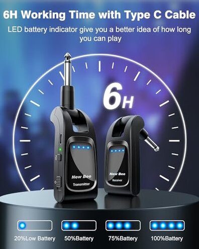 Wireless Guitar System 2.4 GHz with 6 Channels Rechargeable Audio Wireless Guitar Transmitter Receiver for Guitar Bass Electric Instruments