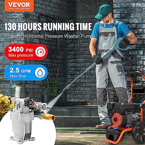 VEVOR Pressure Washer Pump, 3/4" Shaft Horizontal, 2500-3400PSI, 2.5 GPM, Replacement Power Washer Pumps, Parts Washer Pump, Compatible with Honda, Simpson, RYOBI, Briggs & Stratton, Subaru, Craftsman