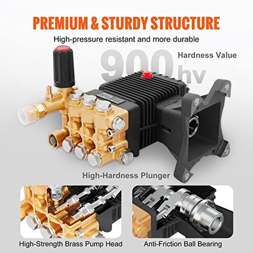 VEVOR Pressure Washer Pump, 4400 PSI, 4.0 GPM, 1" Shaft Horizontal Triplex Plunger, Replacement Power Washer Pumps Kit, Parts Washer Pump, Compatible with Simpson, Honda, Homelite, Troybilt etc.