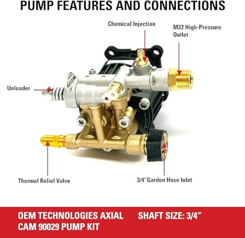 OEM Technologies 90029 Replacement Pressure Washer Pump Kit, 3400 PSI, 2.5 GPM, 3/4" Shaft, Includes Hardware and Siphon Tube, for Residential and Industrial Gas Powered Machines