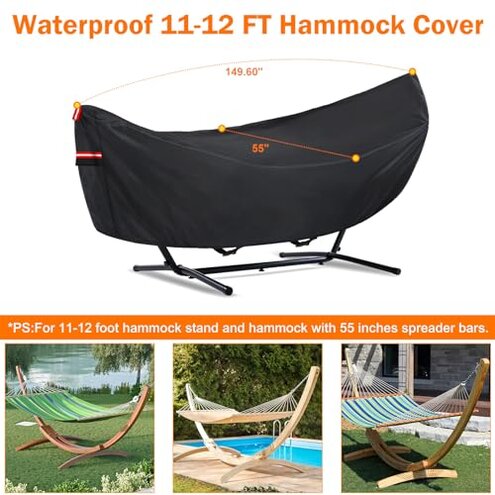 Waterproof 11-12 FT Hammock Cover, 210T Sun Rain UV Dust Snow Protection Outdoor Hammock Covers with Windproof Straps & Soft Cotton Lining for 11-12ft Stand