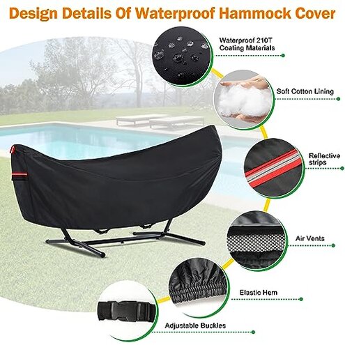 Waterproof 11-12 FT Hammock Cover, 210T Sun Rain UV Dust Snow Protection Outdoor Hammock Covers with Windproof Straps & Soft Cotton Lining for 11-12ft Stand