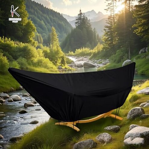 KRRRSJDJ Outdoor Waterproof Hammock Cover for 13-14FT Hammock Stand,with Zip and Elastic Ropes,and It has Windproof Effect,420D Heavy Duty Oxford (Black,13-14foot)