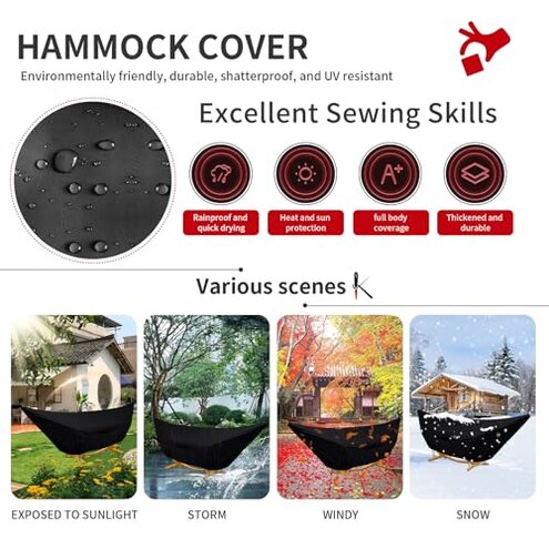 KRRRSJDJ Outdoor Waterproof Hammock Cover for 13-14FT Hammock Stand,with Zip and Elastic Ropes,and It has Windproof Effect,420D Heavy Duty Oxford (Black,13-14foot)