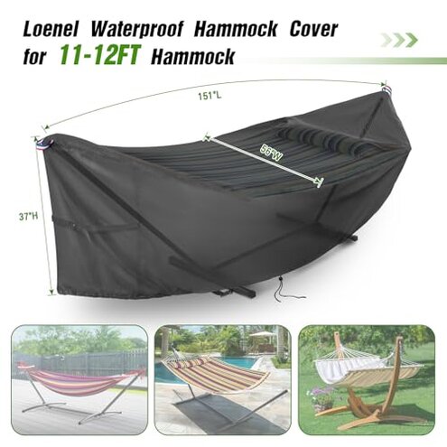 Loenel Waterproof Hammock Cover for 11-12FT Hammock Stand (151" L x 56" W x 37" H)