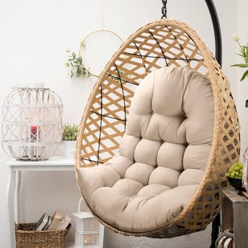 MQK Thick Egg Chair Cushion Replacement, Button Tufted Outdoor Swing Chair Cushion with High Elasticity PP Cotton and Skin-Friendly Fabric, Hanging Cushion for Patio Porch Furniture (Only Cushion)