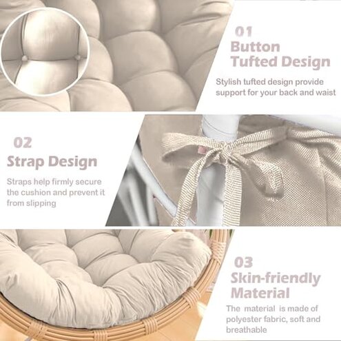 MQK Thick Egg Chair Cushion Replacement, Button Tufted Outdoor Swing Chair Cushion with High Elasticity PP Cotton and Skin-Friendly Fabric, Hanging Cushion for Patio Porch Furniture (Only Cushion)