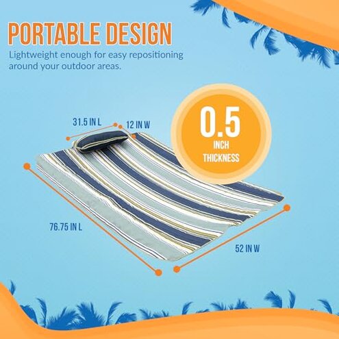 Island Retreat Outdoor Leisure Hammock Pad and Pillow Set, 77.5” x 52” – Coastal Turquoise Stripe Hammock Cushion Replacement w/Soft Poly-Fill, Weather-Resistant Polyester Fabric & Durable Ties