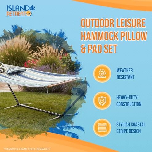 Island Retreat Outdoor Leisure Hammock Pad and Pillow Set, 77.5” x 52” – Coastal Turquoise Stripe Hammock Cushion Replacement w/Soft Poly-Fill, Weather-Resistant Polyester Fabric & Durable Ties