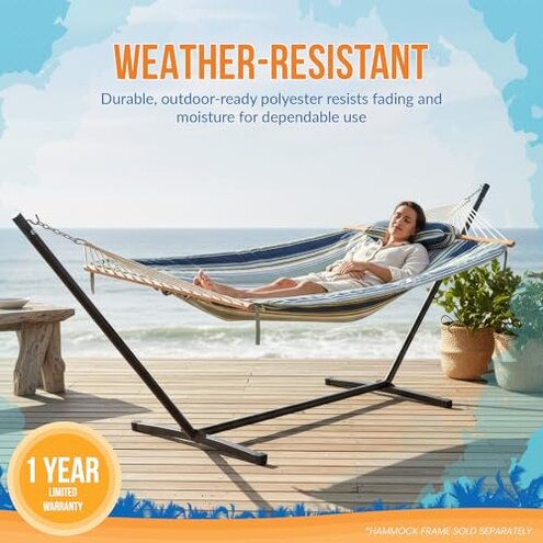Island Retreat Outdoor Leisure Hammock Pad and Pillow Set, 77.5” x 52” – Coastal Turquoise Stripe Hammock Cushion Replacement w/Soft Poly-Fill, Weather-Resistant Polyester Fabric & Durable Ties