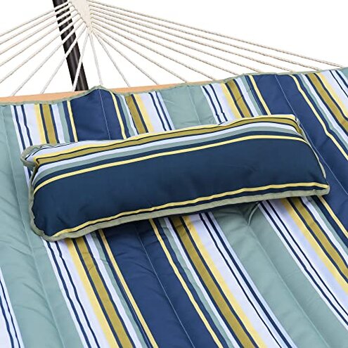 Island Retreat Outdoor Leisure Hammock Pad and Pillow Set, 77.5” x 52” – Coastal Turquoise Stripe Hammock Cushion Replacement w/Soft Poly-Fill, Weather-Resistant Polyester Fabric & Durable Ties