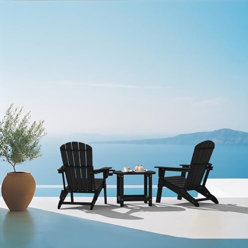 Plawdlik Folding Adirondack Chair, SGS Tested, Wooden Textured with Cup Holder, Heavy All-Weather HDPE Comfortable Set Poolside Backyard Lawn Teak Set 4