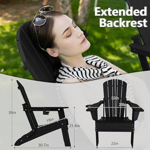 Plawdlik Folding Adirondack Chair, SGS Tested, Wooden Textured with Cup Holder, Heavy All-Weather HDPE Comfortable Set Poolside Backyard Lawn Teak Set 4