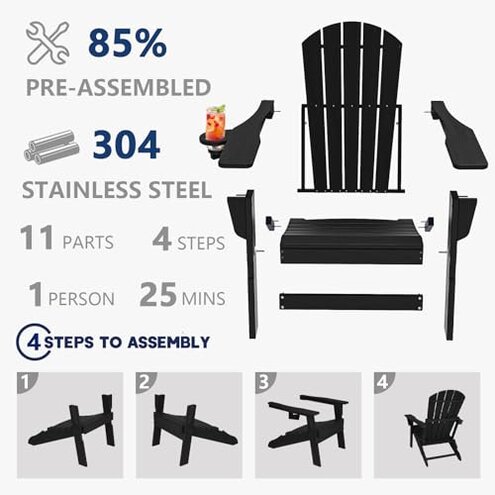 Plawdlik Folding Adirondack Chair, SGS Tested, Wooden Textured with Cup Holder, Heavy All-Weather HDPE Comfortable Set Poolside Backyard Lawn Teak Set 4
