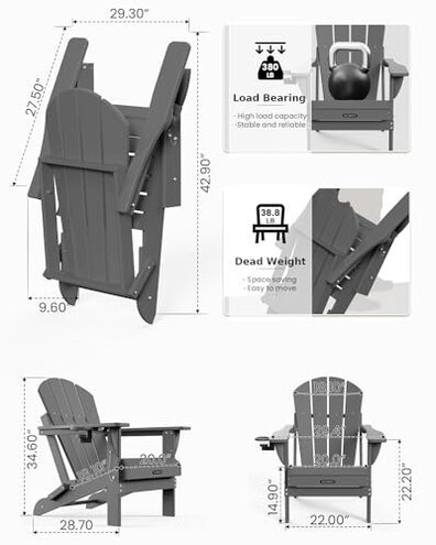 MUCHENGHY Folding Adirondack Chairs, Patio Chairs, Lawn Chairs, Outdoor Chair, Adirondack Chair Plastic, Fire Pit, Weather Resistant with Cup Holder for Deck, Backyard, Garden(Gray)