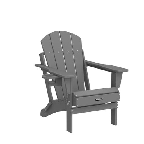 MUCHENGHY Folding Adirondack Chairs, Patio Chairs, Lawn Chairs, Outdoor Chair, Adirondack Chair Plastic, Fire Pit, Weather Resistant with Cup Holder for Deck, Backyard, Garden(Gray)