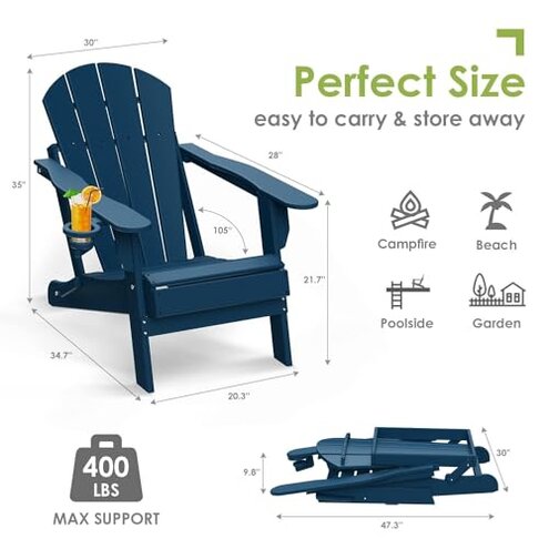 GREENVINES Folding-Adirondack-Chairs-Set-of-2 | HDPE Plastic | Fire Pit Chair | All Weather | Cup Holder | Blue | for Deck Backyard Patio Outdoor Garden
