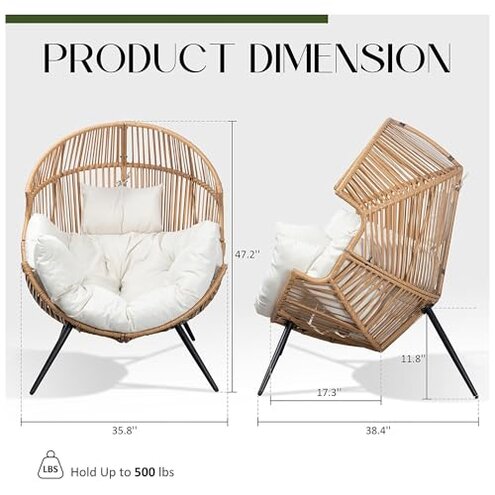 LUTINLIX Oversized Wicker Egg Chair Outdoor Indoor,Patio Lounge Chair with Thicken Cushions, Egg Basket Chair 500lbs Capacity for Garden, Backyard, Porch,Bedroom (Beige-Regular, 1pcs)